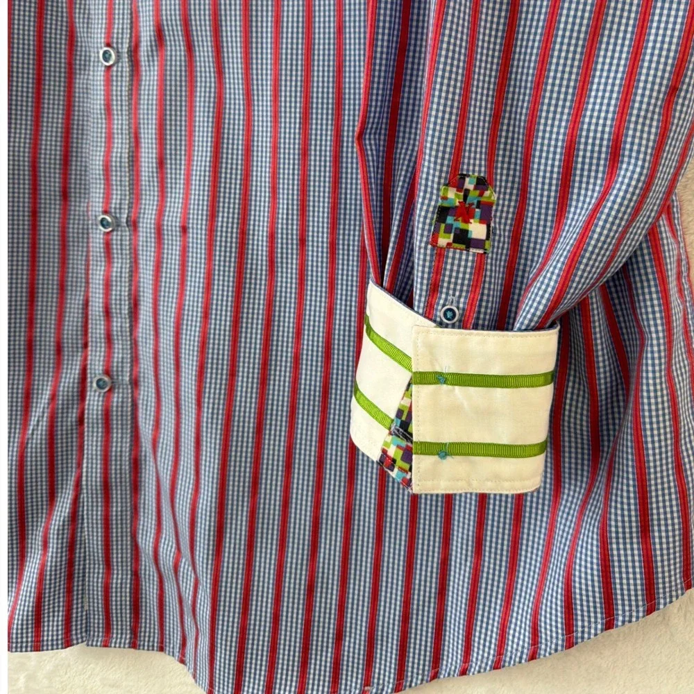 Robert Graham Mens XXL‎ X Collection Red Blue Gingham Striped Button Down Shirt